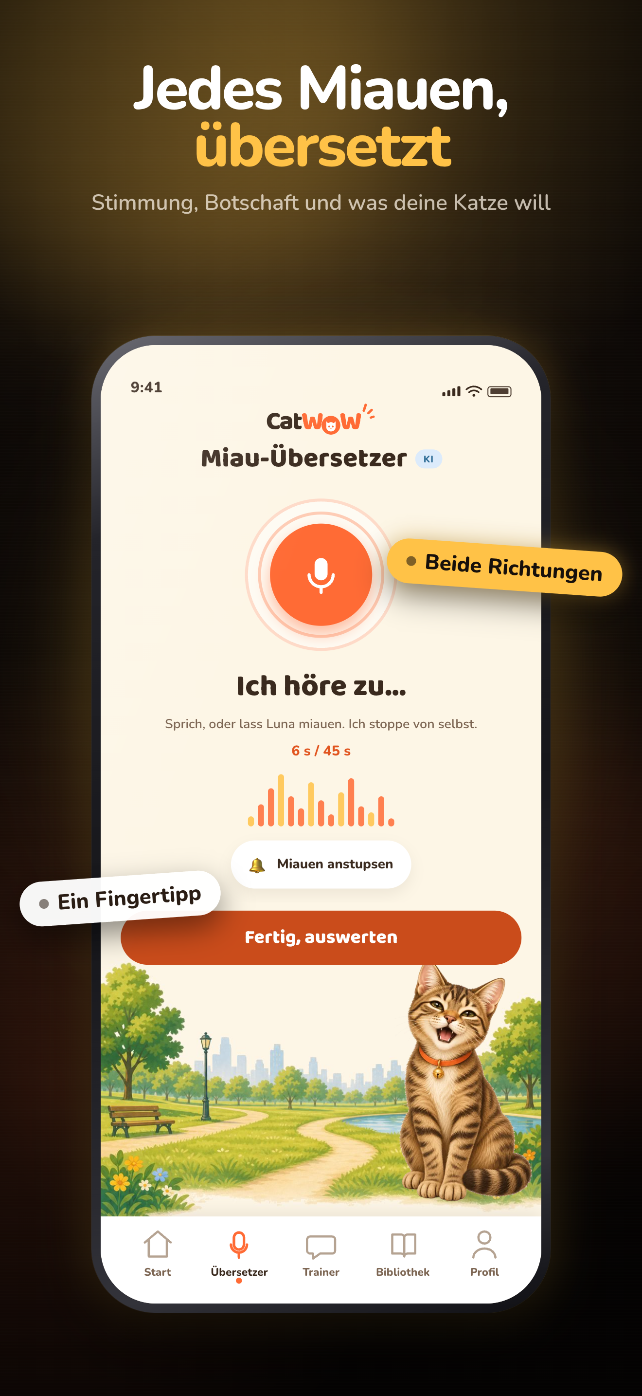 CatWOW hört eine Miau-Aufnahme für die KI-Auswertung an