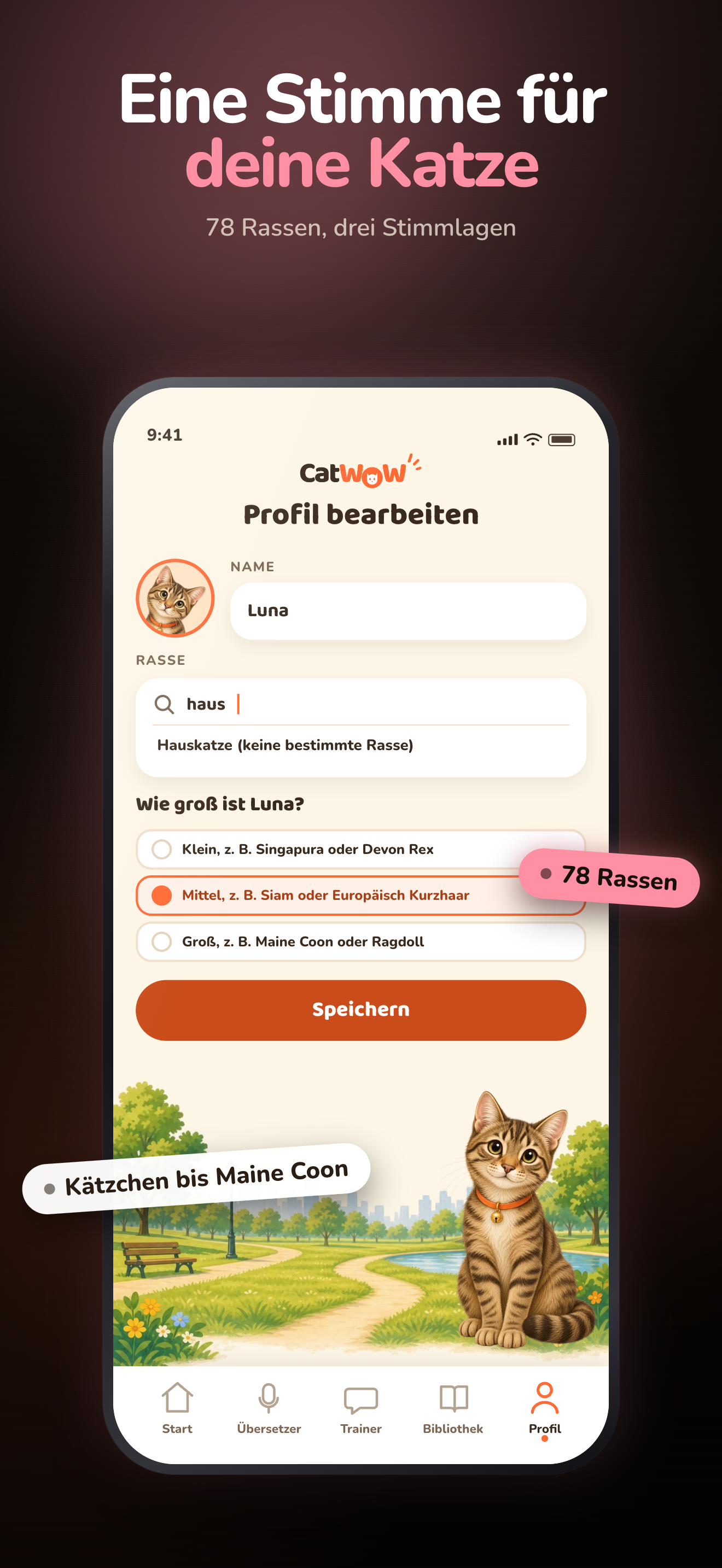 Persönliches Katzenprofil mit Rasse und Größe