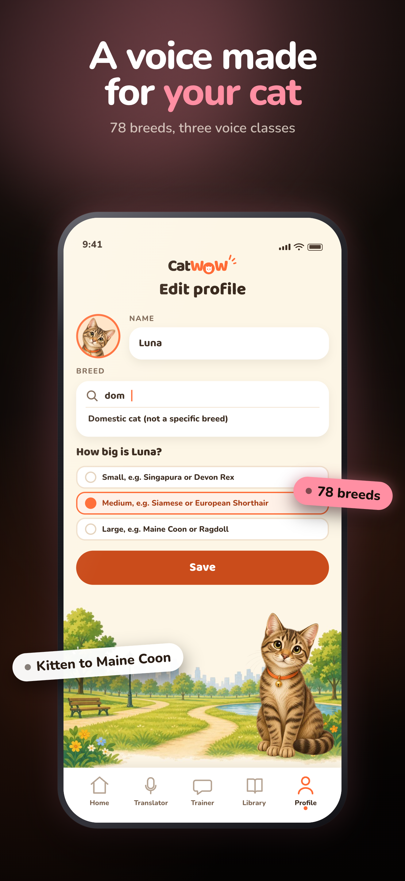 Personal cat profile with breed and size